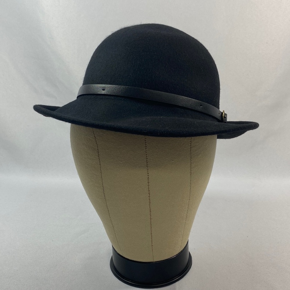 NEW Phenix Nordstrom black 100% wool hat with leather belt trim detailing